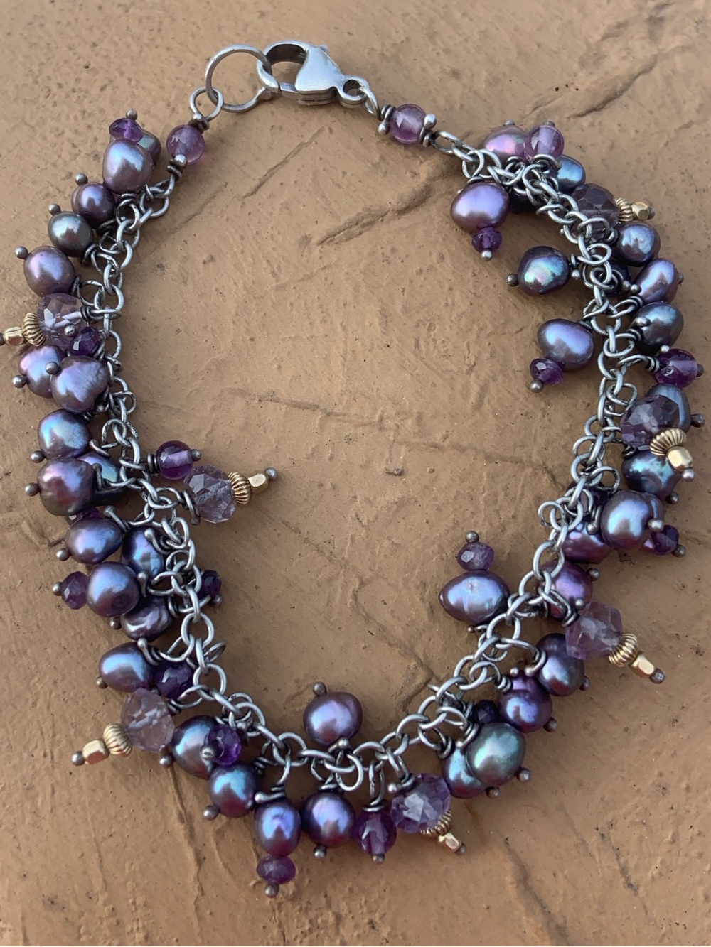 Sterling Silver * Beautiful Clustered Gray Pearls & Purple Beads Bracelet